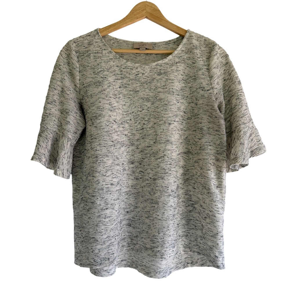 LOFT Outlet Womens Gray White Textured Wave Flutter Sleeve Blouse Top Small